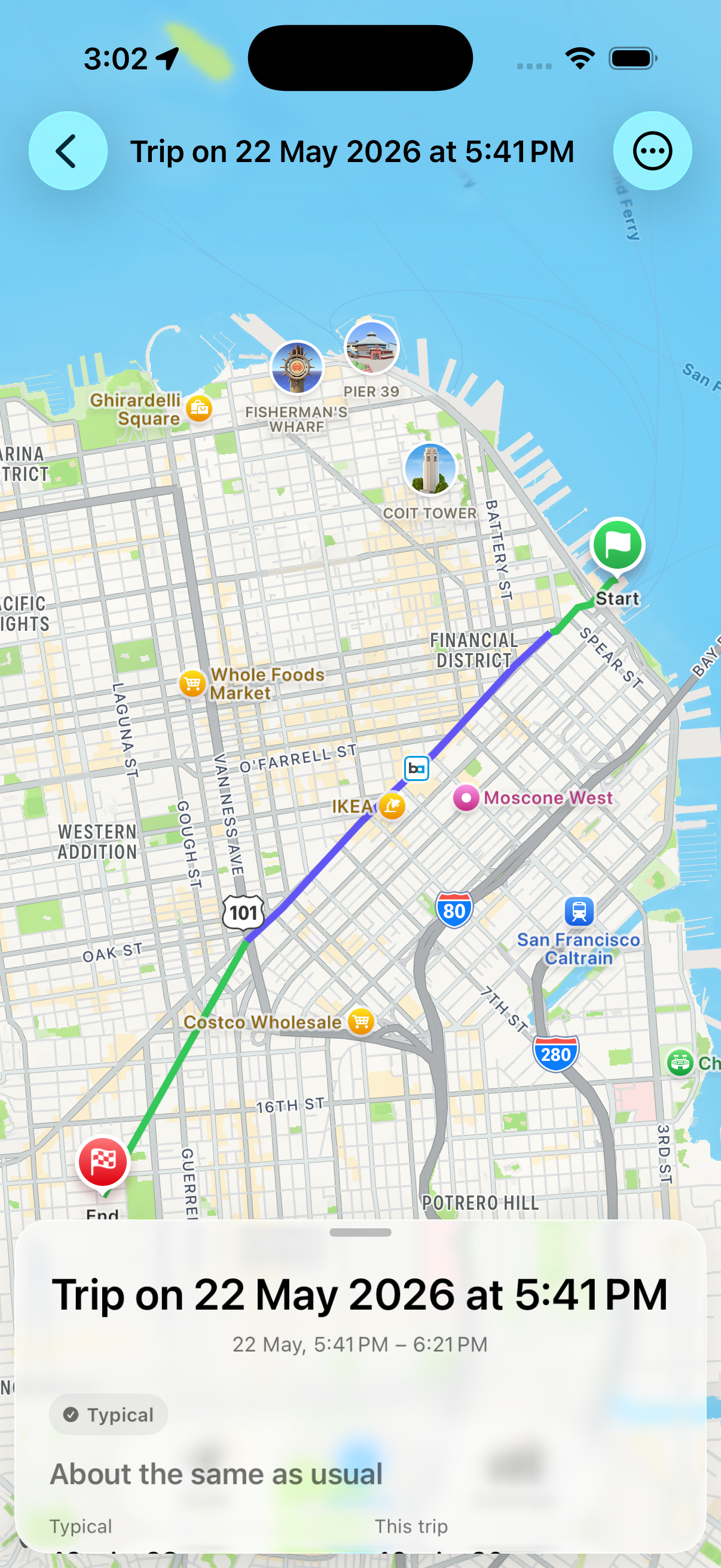 Commute trip detail screen comparing the completed trip against typical history